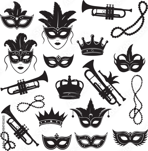 Collection of venetian masks crowns and trumpets for masquerade party