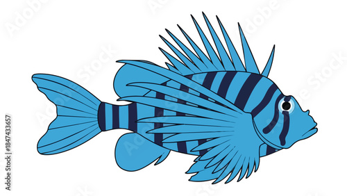 Stylized Blue Lionfish Illustration With Bold Stripes and Spiky Fins Isolated on White Background