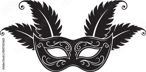 Elegant black masquerade mask with feathers and ornate details