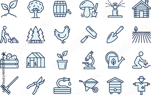 Gardening agriculture line icons set, farming tools plants irrigation greenhouse harvest, eco nature outline vector symbols collection design illustration pack