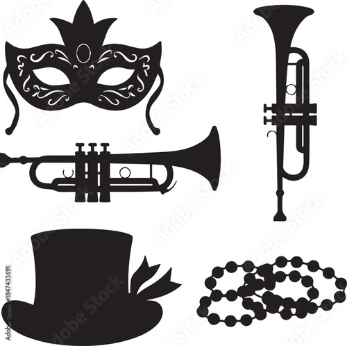 Mardi gras silhouette elements including mask trumpets top hat and beads