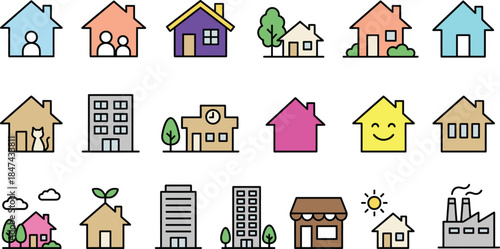 Home building line icons set, houses apartments real estate property residential architecture symbols, colorful flat vector illustration collection