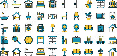 Home interior furniture line icons set, household appliances real estate living room bathroom kitchen symbols, modern outline vector illustration collection