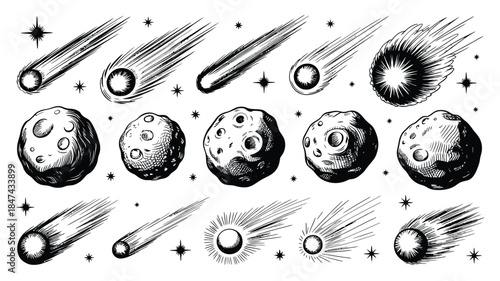 Detailed hand drawn engravings of meteors and asteroids portraying celestial phenomena in space
