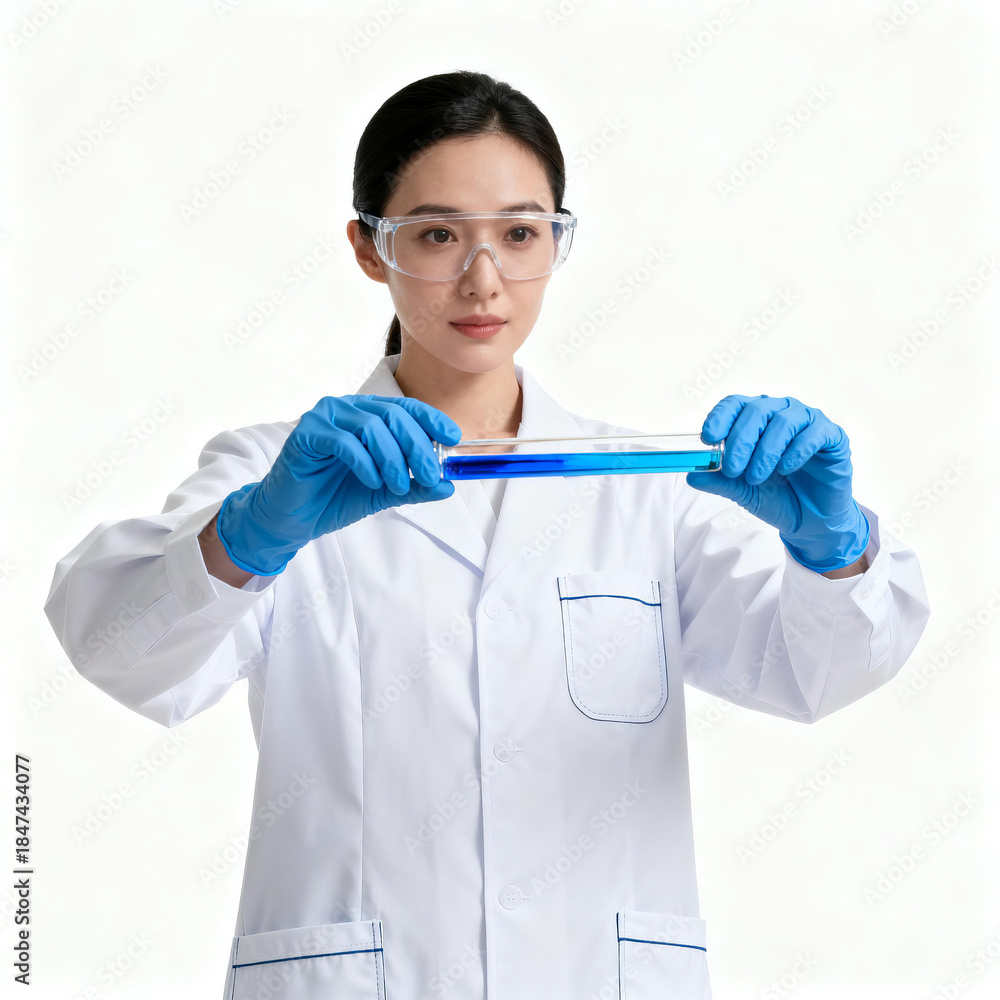 Naklejka premium Female scientist in white lab coat and blue gloves holds a test tube with blue liquid, wearing protective goggles. Conducting scientific research in a lab setting.