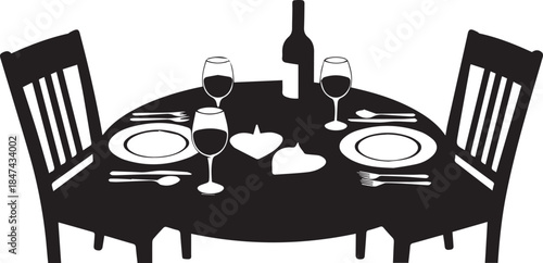 Silhouette of a romantic dinner table setting for two with wine