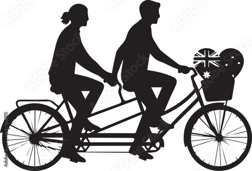 Couple silhouetted riding a tandem bicycle with flowers in basket