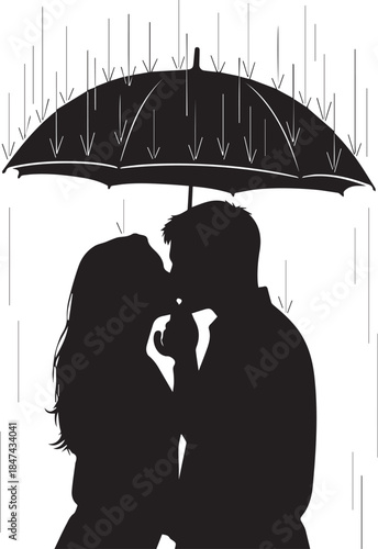 Silhouette of a couple kissing under an umbrella in the rain