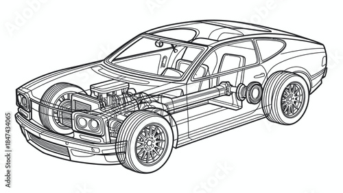 Detailed outline drawing of a classic car showing engine and internal mechanical components