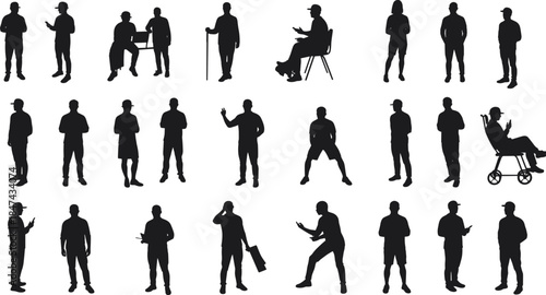 Silhouette people vector set, diverse human poses, mobility aids, standing sitting walking, inclusive lifestyle icons, black flat design, cad drawing flat vector illustration
