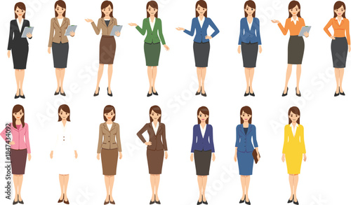 Professional business women in diverse outfits, corporate attire, office fashion, career roles, stylish female characters for workplace and presentation themes.