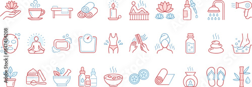 Spa wellness beauty line icons set, relaxation skincare massage aromatherapy hygiene self care symbols, modern outline vector illustration collection