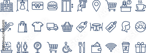Shopping mall retail line icons set, store food fashion service navigation payment sale outline vector illustration collection modern minimal design