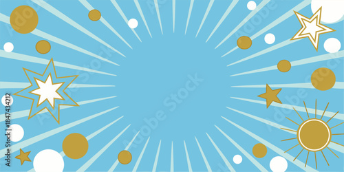 Celebratory blue background with radiating lines, golden stars, and polka dots creating a festive and energetic atmosphere for events or promotions