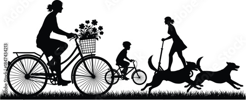 Outdoor family fun with pets and bicycles in park silhouette scene showing active lifestyle, nature, children, dogs, and recreation.