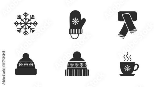 A flat lay of a Christmas icon set featuring a snowflake, scarf, glove, and mug on a white background with a festive holiday theme.