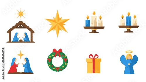 A colorful icon set featuring Christmas Day symbols, including a nativity scene, star, candles, wreath, gift, and angel, on a clean white background with a festive mood.