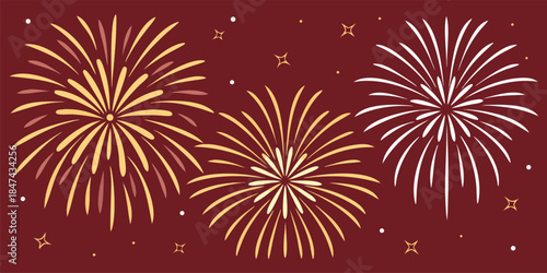 Celebratory fireworks display with bursts of golden yellow and white sparks against a deep red background, evoking festive occasions and joyous events.