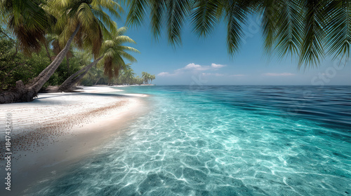 Fototapeta Naklejka Na Ścianę i Meble -  Tropical lagoon clear turquoise water white sand beach palm tree sunny sky tranquil paradise nature summer vacation