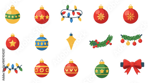 A colorful icon set of Christmas Day decorations, featuring ornaments, garlands, and bows on a white background with a festive mood, captured in a flat lay composition.