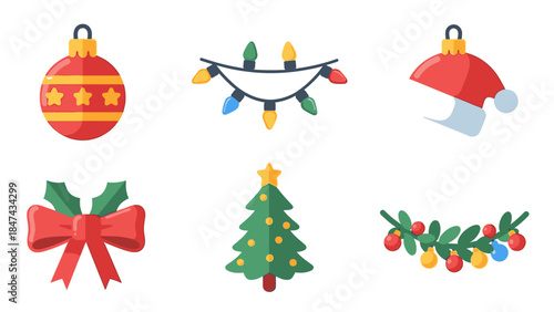 A colorful icon set featuring Christmas Day symbols, including ornaments, lights, and decorations on a white background with a festive mood.