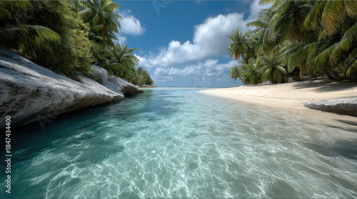 Fototapeta Naklejka Na Ścianę i Meble -  Crystal clear turquoise water, white sand beach, tropical palm trees, blue sky, tranquil lagoon, summer paradise, peaceful nature