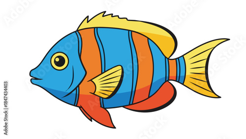 Vibrant cartoon illustration of a tropical fish with bold blue orange and yellow stripes swimming in clear water