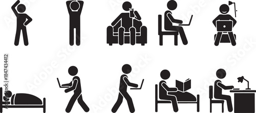 Stick Figure Icons Representing Daily Activities and Work from Home Scenarios silhouette person