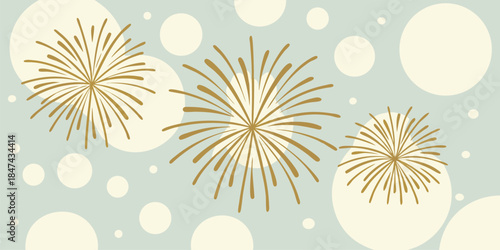 Festive golden fireworks burst against a soft blue backdrop with cream-colored circles and small white dots creating a celebratory and abstract pattern