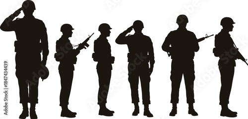 Soldier silhouette, military formation, rifle holding, saluting pose, black vector art, ceremonial stance, defense theme, cad drawing flat vector illustration