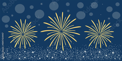 Festive golden fireworks explode across a deep blue night sky with shimmering stars and bokeh circles celebrating holidays, New Year, or special events with a celebratory atmosphere