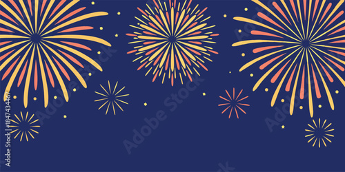 Celebratory fireworks display with vibrant bursts of yellow and pink illuminating a deep blue night sky, creating a festive atmosphere perfect for holidays and special events.