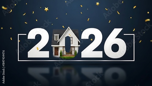  2026 Real Estate and Luxury Housing Market Concept with Detailed 3D House Model Integrated into White Numbers for Property Investment and Home Ownership Opportunities in the New Year