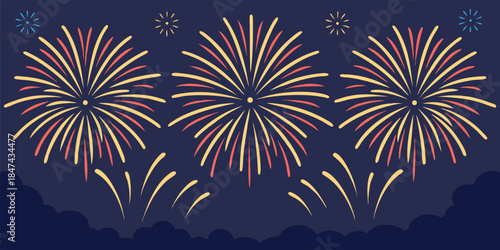 Festive evening sky illuminated by a series of vibrant fireworks displays in red, yellow, and blue, creating a celebratory atmosphere with stylized clouds below.