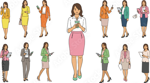 Professional women in modern office attire holding devices and coffee, diverse poses and styles for business, career, and lifestyle themes.