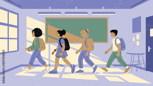 Diverse students with backpacks walk purposefully through a sunlit school hallway with a blackboard in the distance