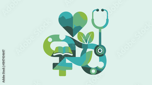 Dynamic collection of health and medical care icons integrated with elements of nature and knowledge