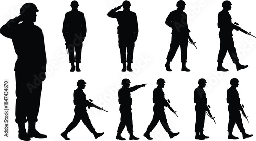 Soldier silhouette, military poses, armed forces stance, rifle holding, saluting figure, black vector art, defense theme, cad drawing flat vector illustration