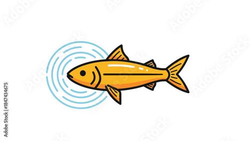 Simple minimalist illustration of a bright golden fish swimming amidst concentric blue ripple circles on a pure white background