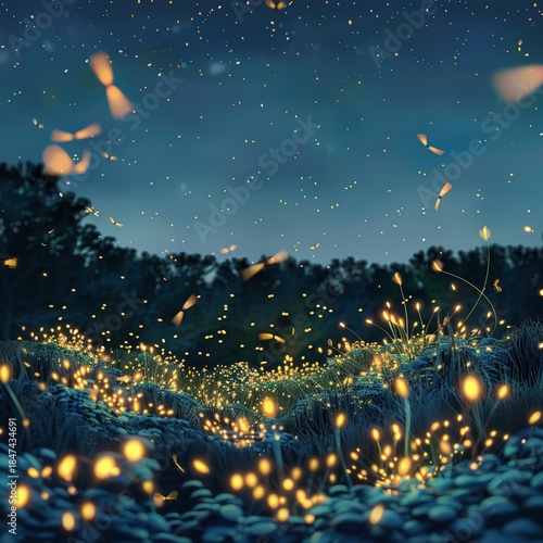 A whimsical illustration of a group of fairies playing in a moonlit forest, with bioluminescent flowers lighting their path, 3DCG , high detailed
