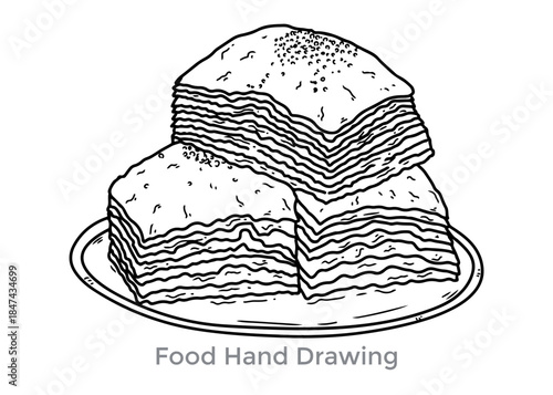 Hand-drawn Layered Delight: A detailed line drawing of a stack of meticulously layered pastry treats, resting gracefully on a plate, a celebration of culinary artistry and sweet cravings.