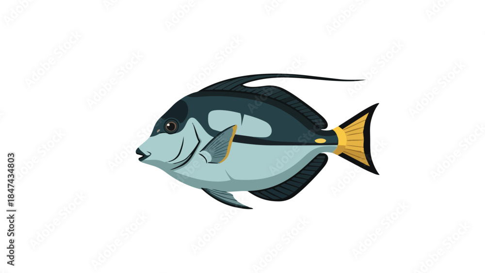 Fototapeta premium Stylized illustration of a marine surgeonfish with elegant fins and a striking blue and yellow color palette, isolated on white