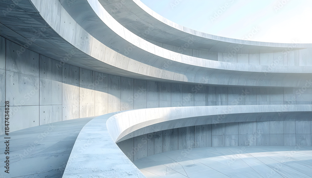 Fototapeta premium Minimalist curved concrete ramps in modern architectural exterior.