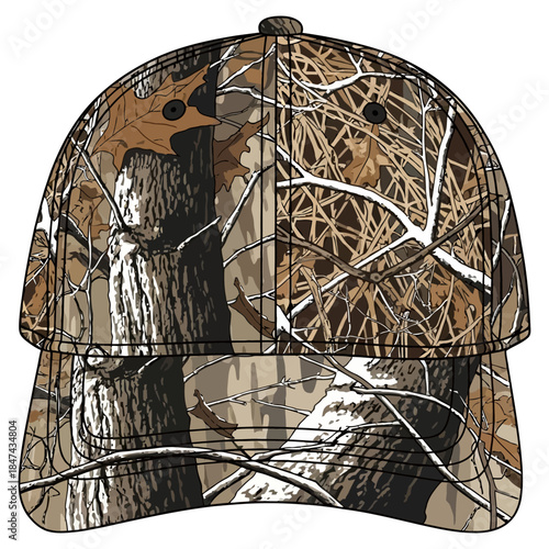 Realistic forest camouflage baseball cap with oak leaves and branches pattern for hunting gear