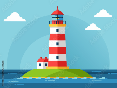 A tall, red and white striped lighthouse stands on a small green island surrounded by blue water and a clear sky with white clouds.