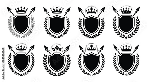 Eight distinct black and white heraldic shield emblems featuring crowns, spears, and laurel branches