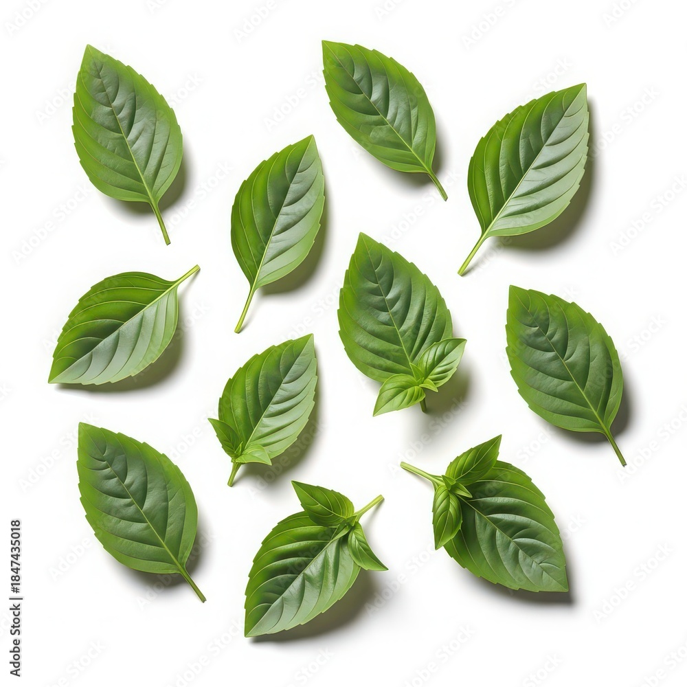 Fototapeta premium Fresh basil leaves arranged on white background