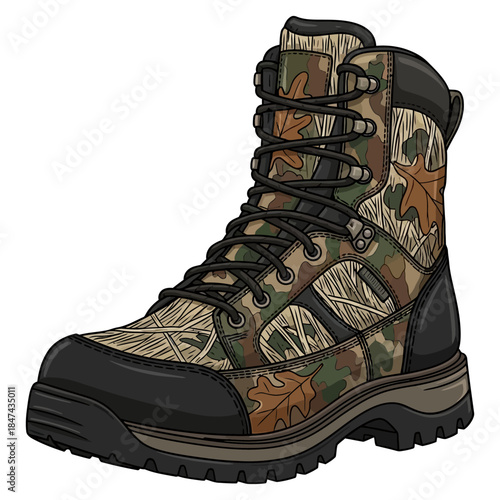 Camo hunting boot with durable rubber sole and waterproof camouflage fabric for outdoor activities