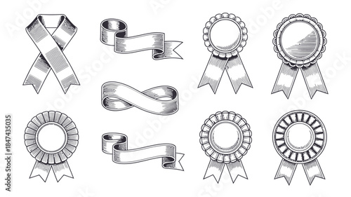 Eight hand drawn outline banners and awards featuring different ribbon shapes and prize rosette designs