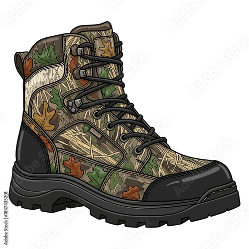 Camo hunting boot with durable rubber sole and waterproof camouflage fabric for outdoor activities